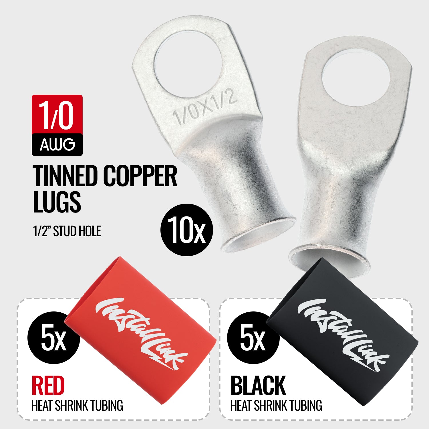 1/0 Gauge Tinned Copper Lugs (1/2") with Heat Shrink, 10-Pack image 1