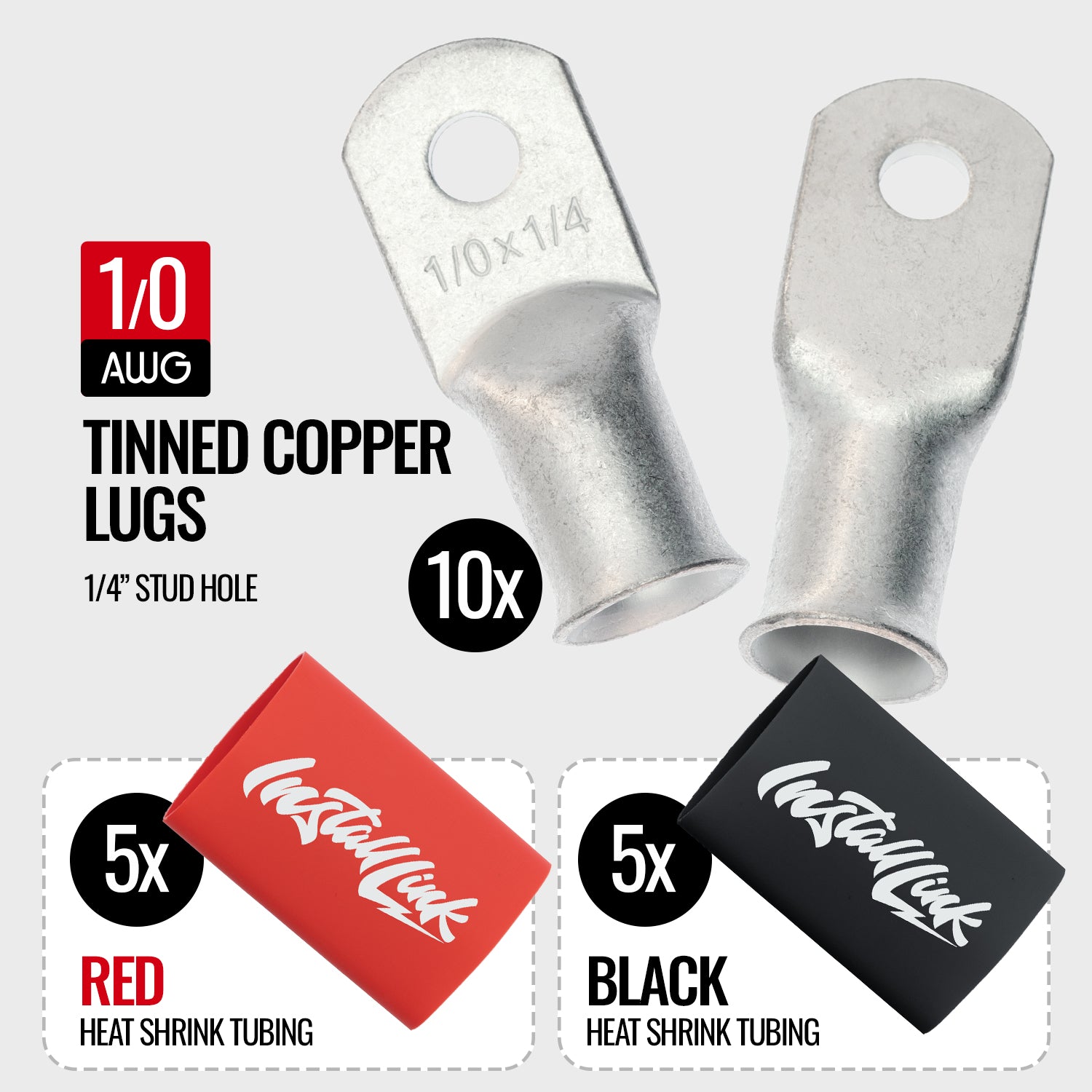 1/0 Gauge Tinned Copper Lugs (1/4") with Heat Shrink, 10-Pack image 1