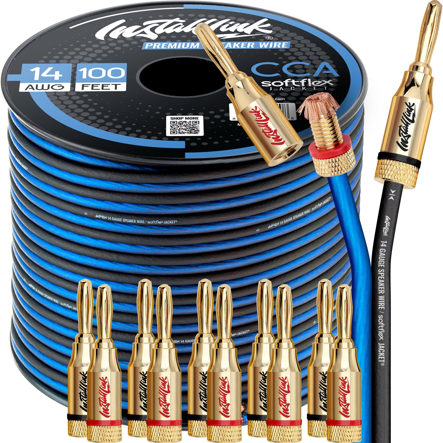 Speaker Wire 14 Gauge, CCA, 100ft, Blue/Black with 12 Banana Plugs image 0