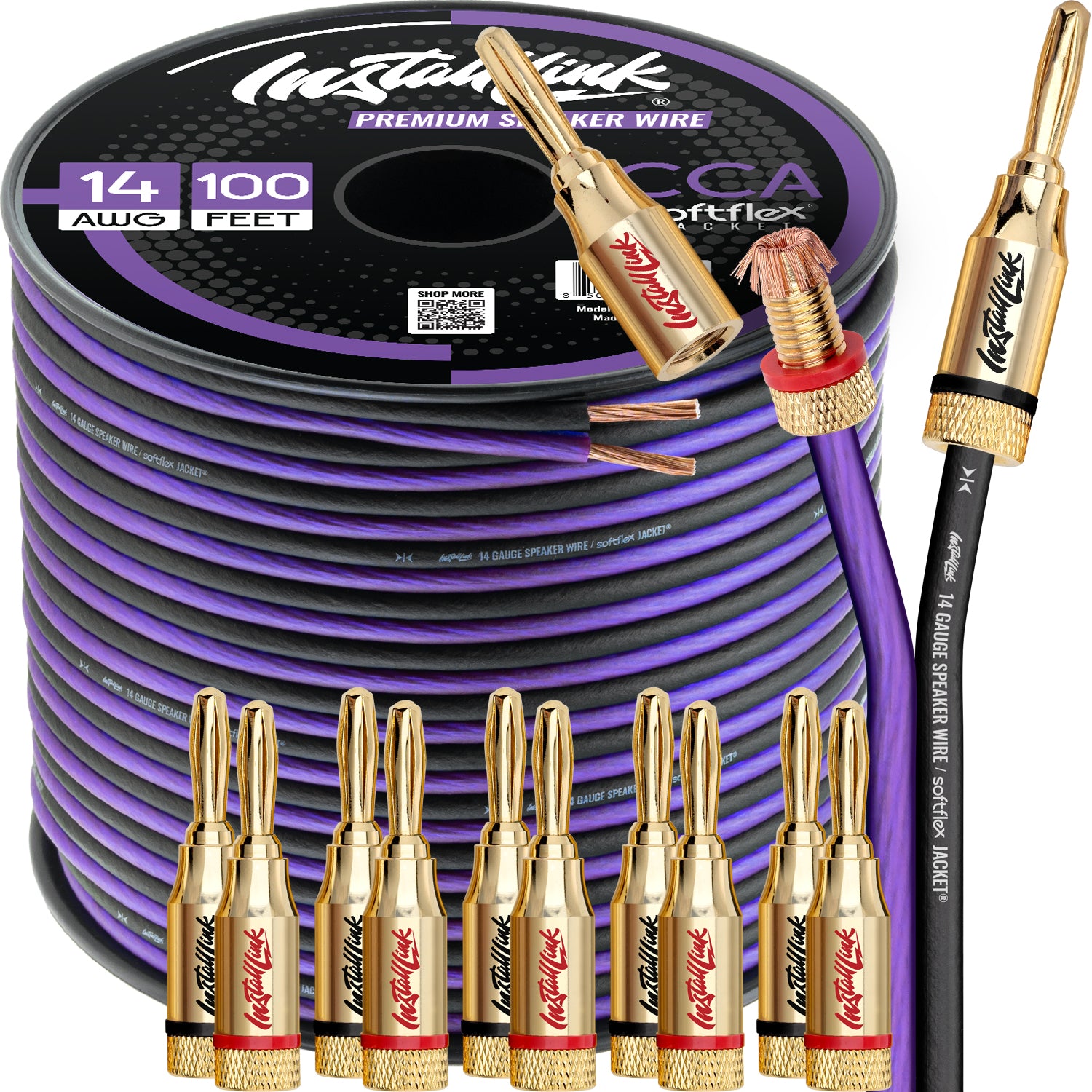 Speaker Wire 14 Gauge, CCA, 100ft, Purple/Black with 12 Banana Plugs image 0
