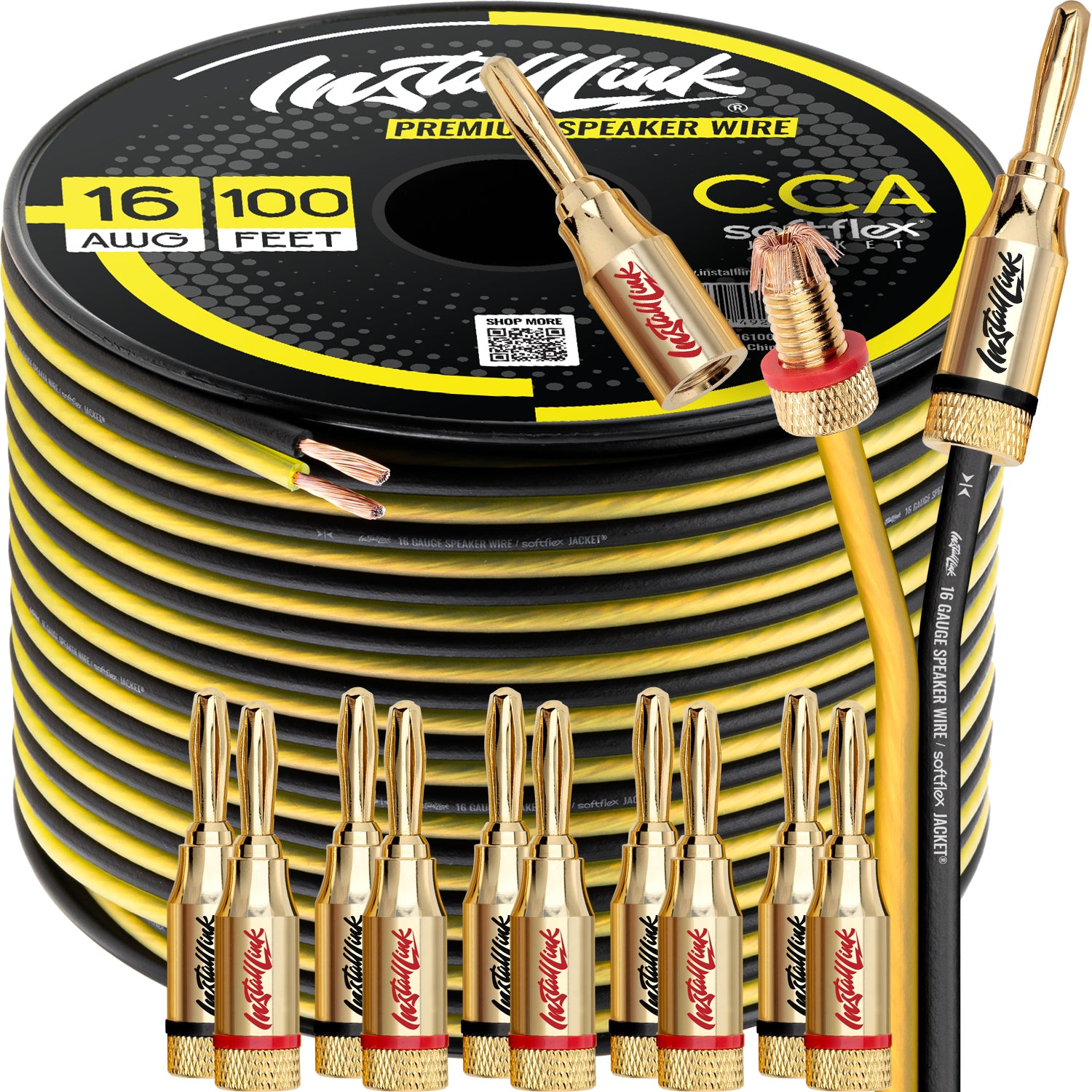 Speaker Wire 16 Gauge, CCA, 100ft, Yellow/Black with 12 Banana Plugs image 0