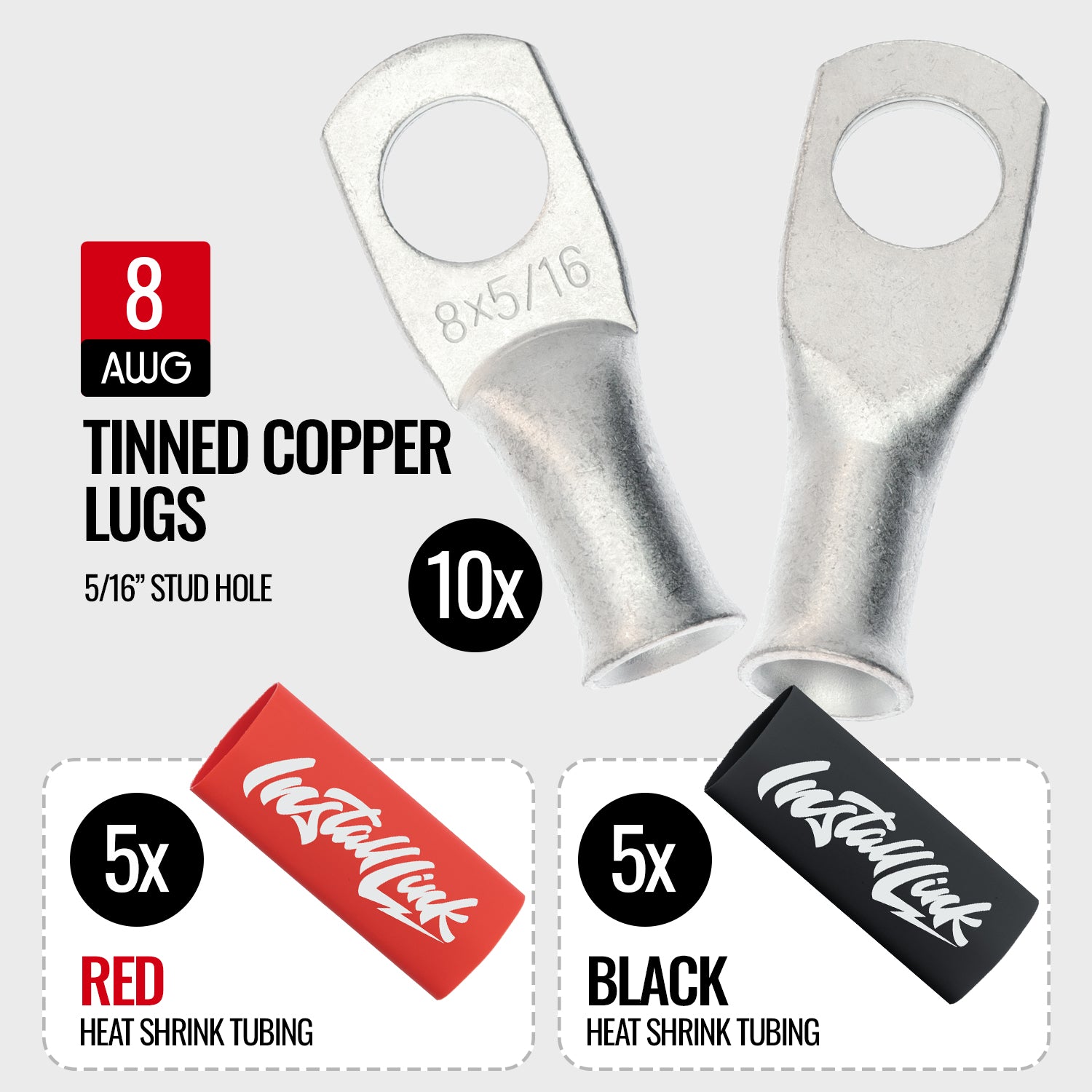 8 Gauge Tinned Copper Lugs (5/16") with Heat Shrink, 10-Pack image 1