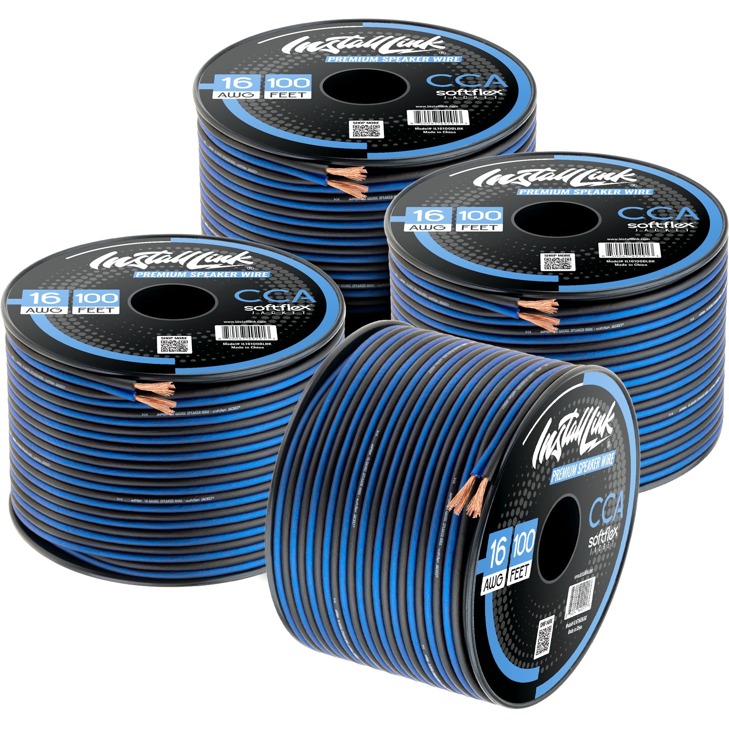 Speaker Wire 16 Gauge, CCA, 100ft, Blue/Black - 4 Pack