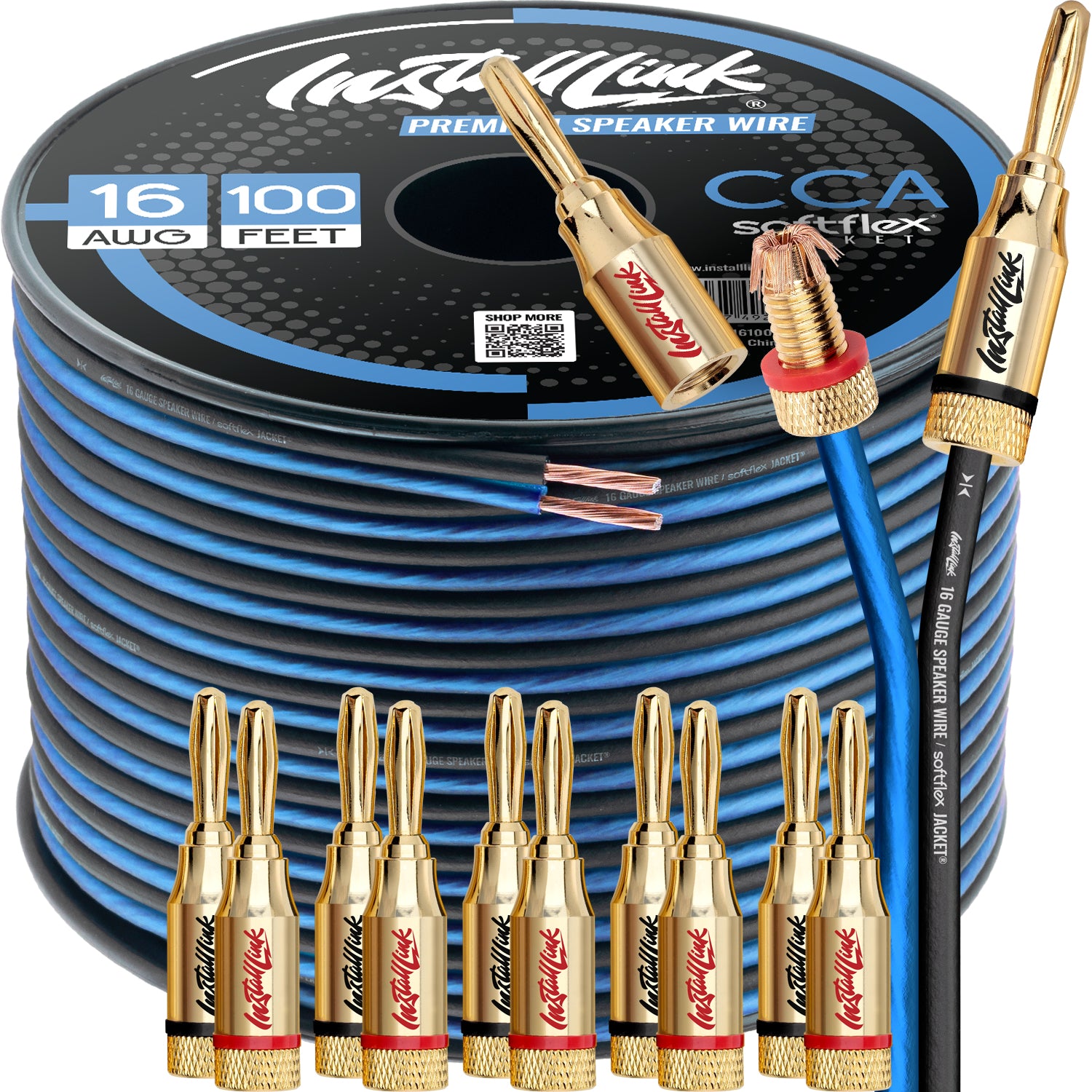 Speaker Wire 16 Gauge, CCA, 100ft, Blue/Black with 12 Banana Plugs