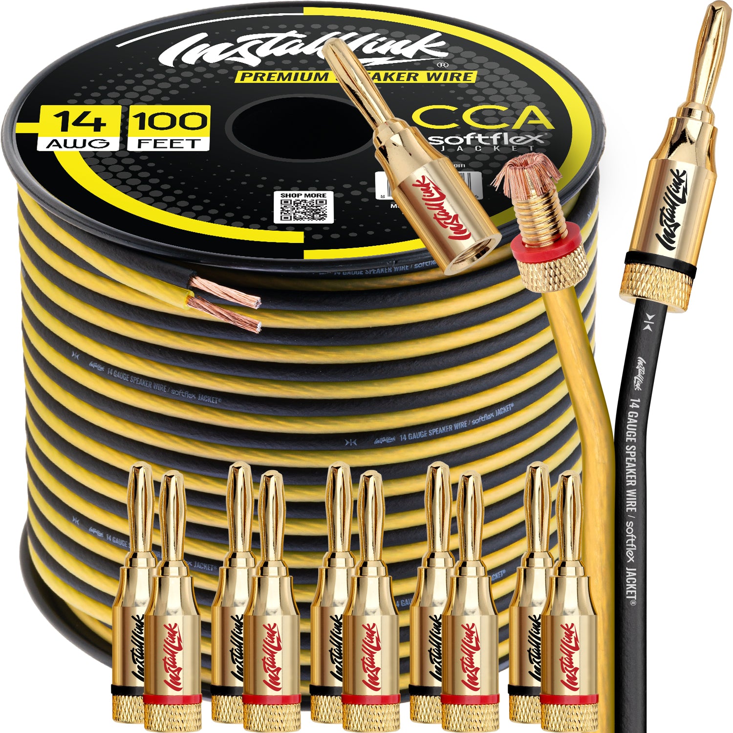 Speaker Wire 14 Gauge, CCA, 100ft, Yellow/Black with 12 Banana Plugs image 0