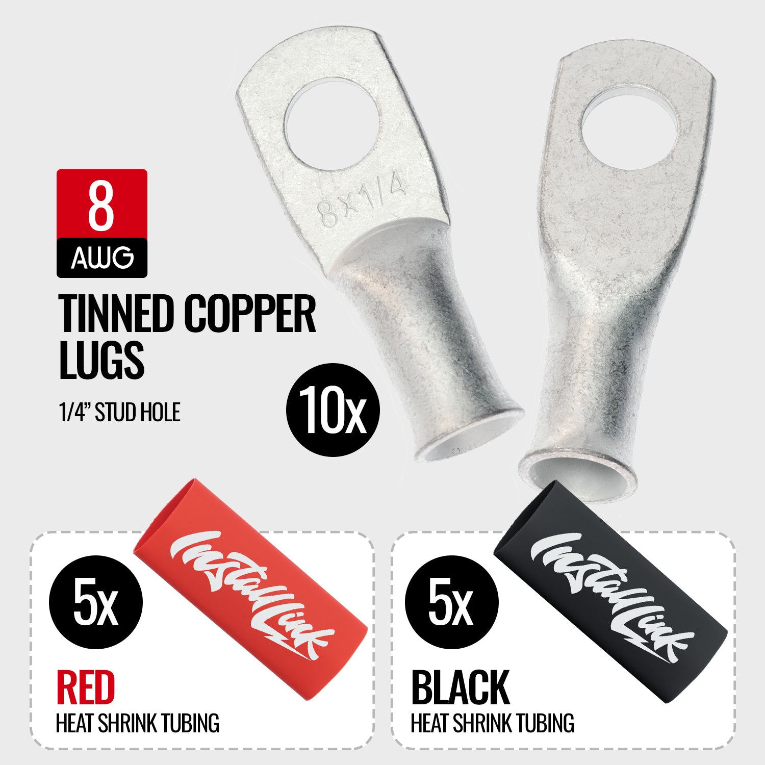 8 Gauge Tinned Copper Lugs (1/4") with Heat Shrink, 10-Pack image 1