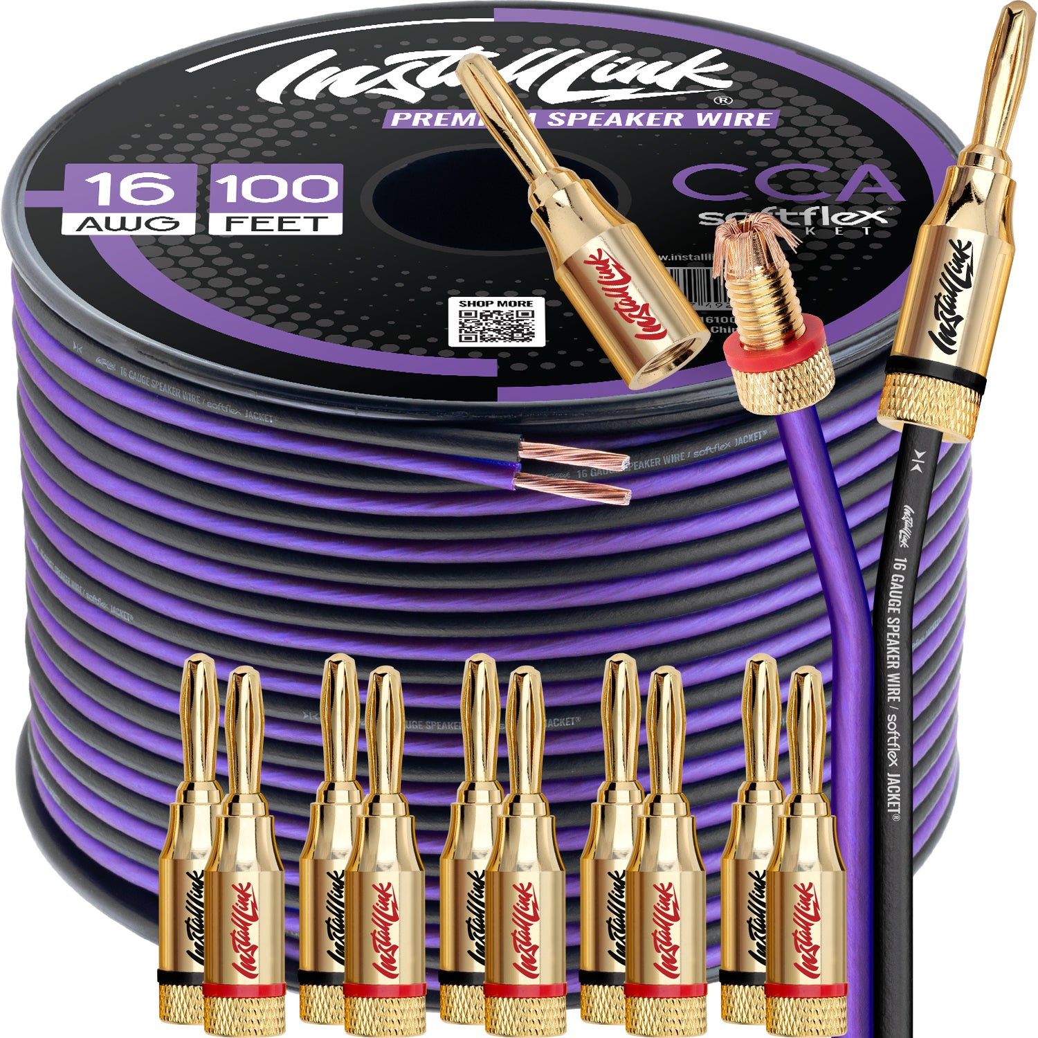 Speaker Wire 16 Gauge, CCA, 100ft, Purple/Black with 12 Banana Plugs image 0