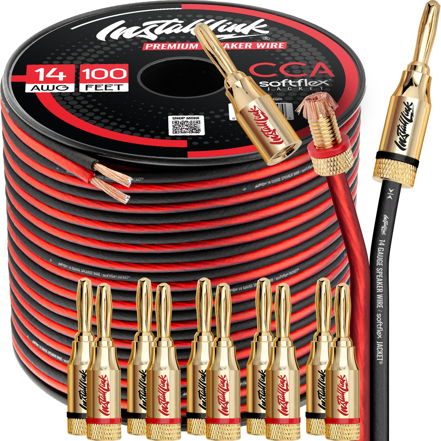 Speaker Wire 14 Gauge, CCA, 100ft, Red/Black with 12 Banana Plugs image 0