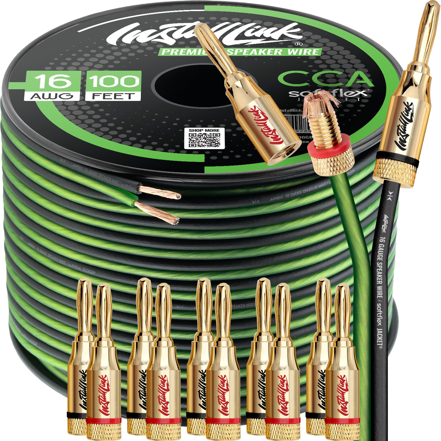 Speaker Wire 16 Gauge, CCA, 100ft, Green/Black with 12 Banana Plugs image 0
