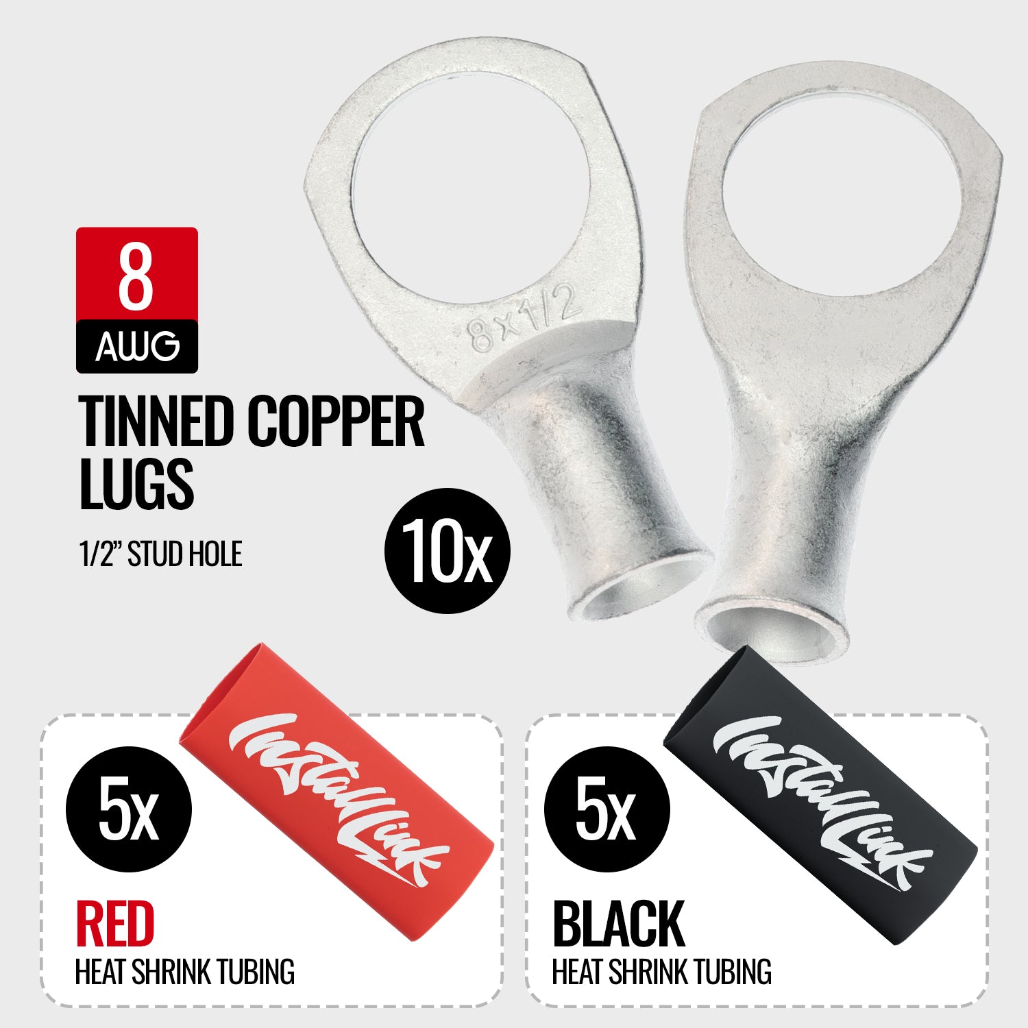 8 Gauge Tinned Copper Lugs (1/2") with Heat Shrink, 10-Pack image 1